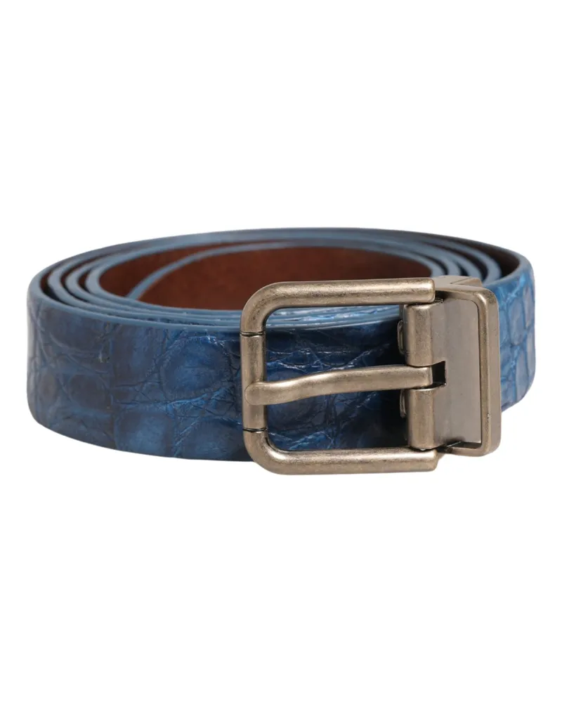 Dolce & Gabbana Men's Navy Blue Leather Gold Tone Metal Buckle Belt Caiman Navy