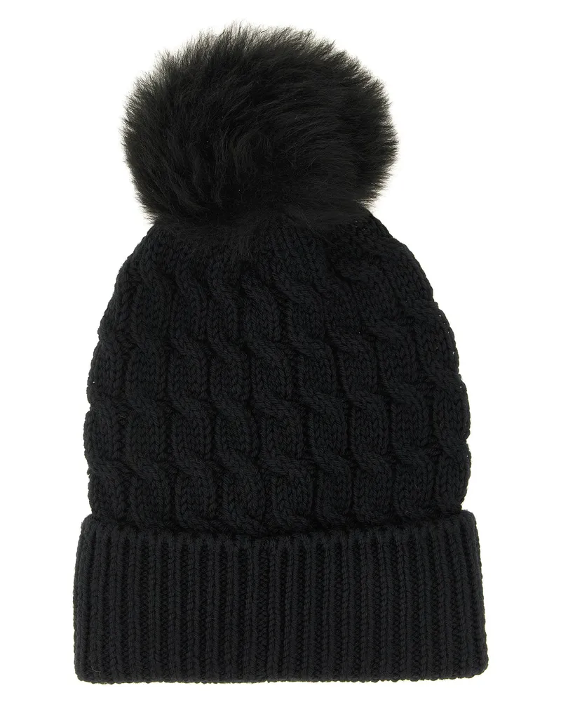 Moncler Braided Wool with Sheepskin Pom-Pom Beanie — Black Black