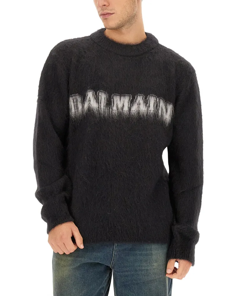 Balmain Logo-Embroidered Mohair Blend Sweater — Black Black