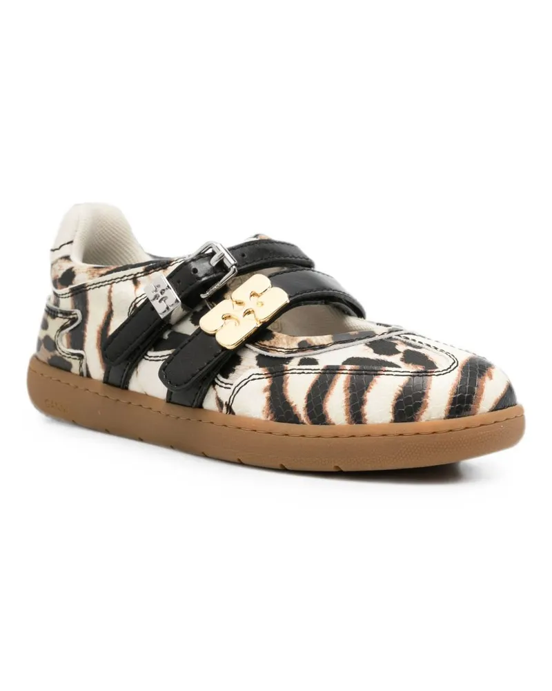 Ganni Zebra-Print Satin Ballet Flats — White White