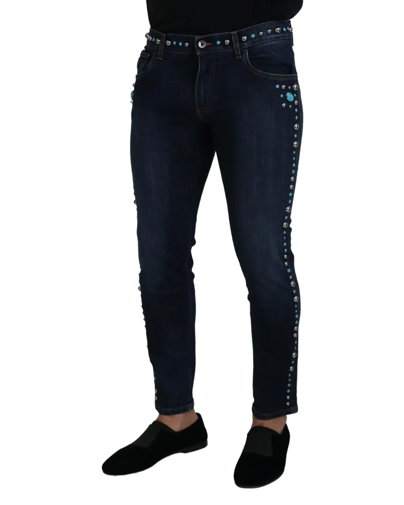 Dolce & Gabbana Men's Blue Cotton Studded Low Waist Denim Jeans Elastane Clothing Blue