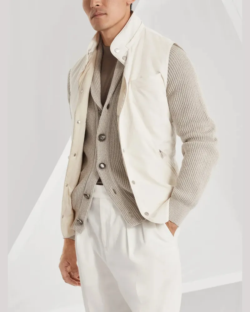 Brunello Cucinelli Men's Ribbed-Knit Cardigan Ss25 M Beige