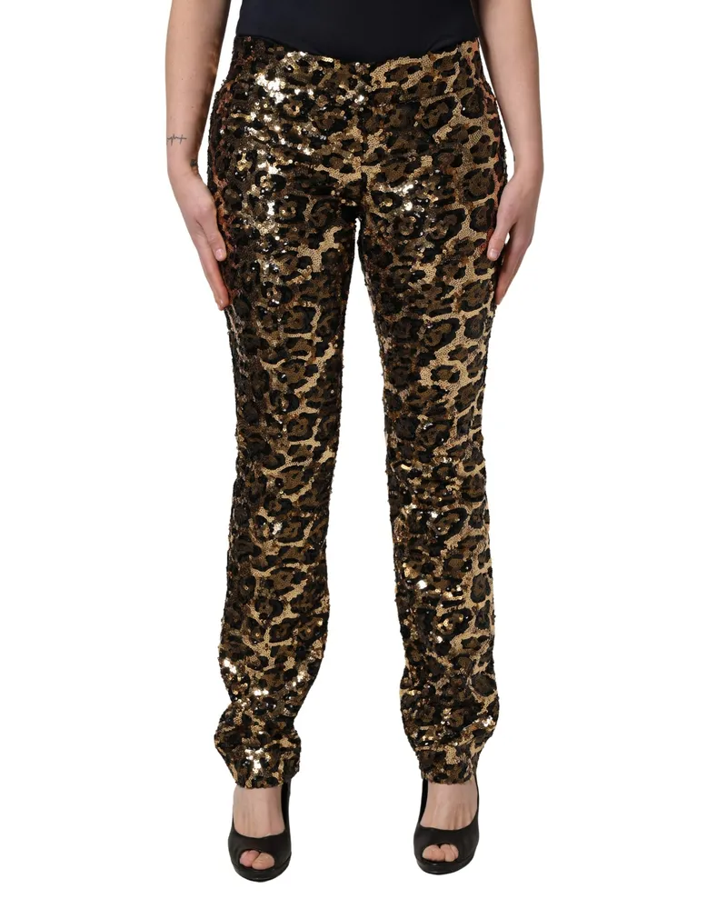 Dolce & Gabbana Women's Gold Leopard Sequined Straight Trouser Pants Polyester Silk Gold