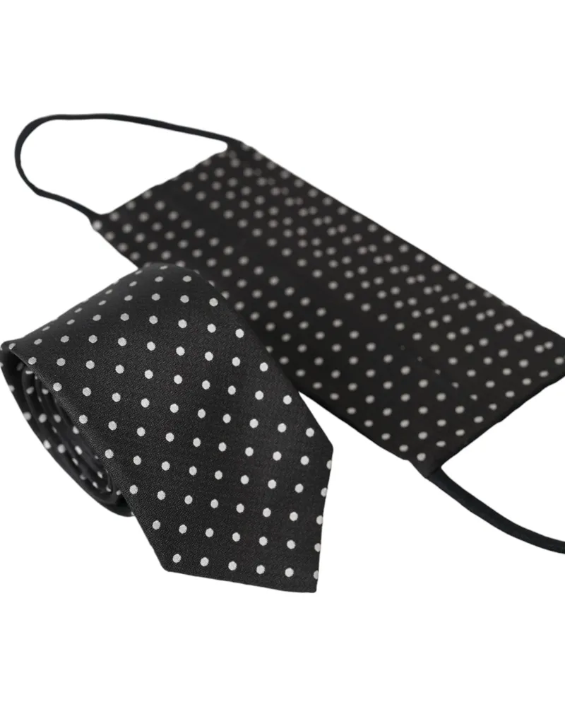 Dolce & Gabbana Men's Black White Polka Dots Silk Necktie Face Mask And Accessory Black