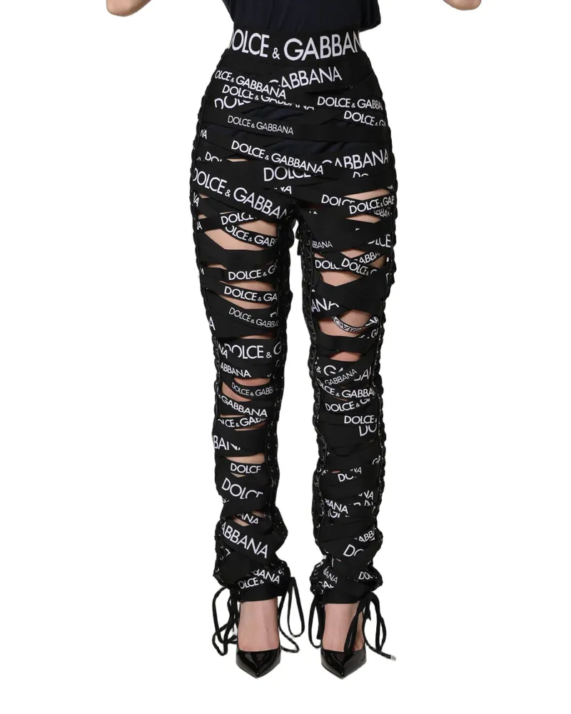 Dolce & Gabbana Women Black Logo Tape Cut Out Skinny High Waist Pants Elastane Nylon Acetate Silk Black