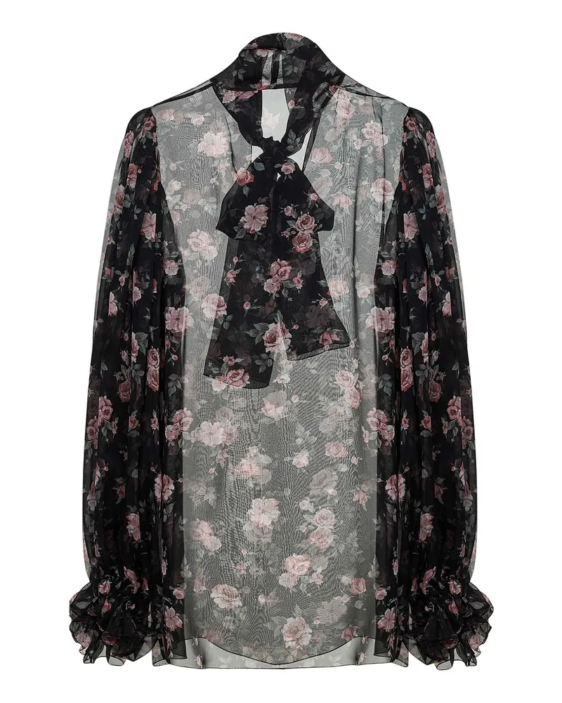 Dolce & Gabbana Women's Chiffon Top Vintage Rose Print Black Multicolour Silk Dress Black