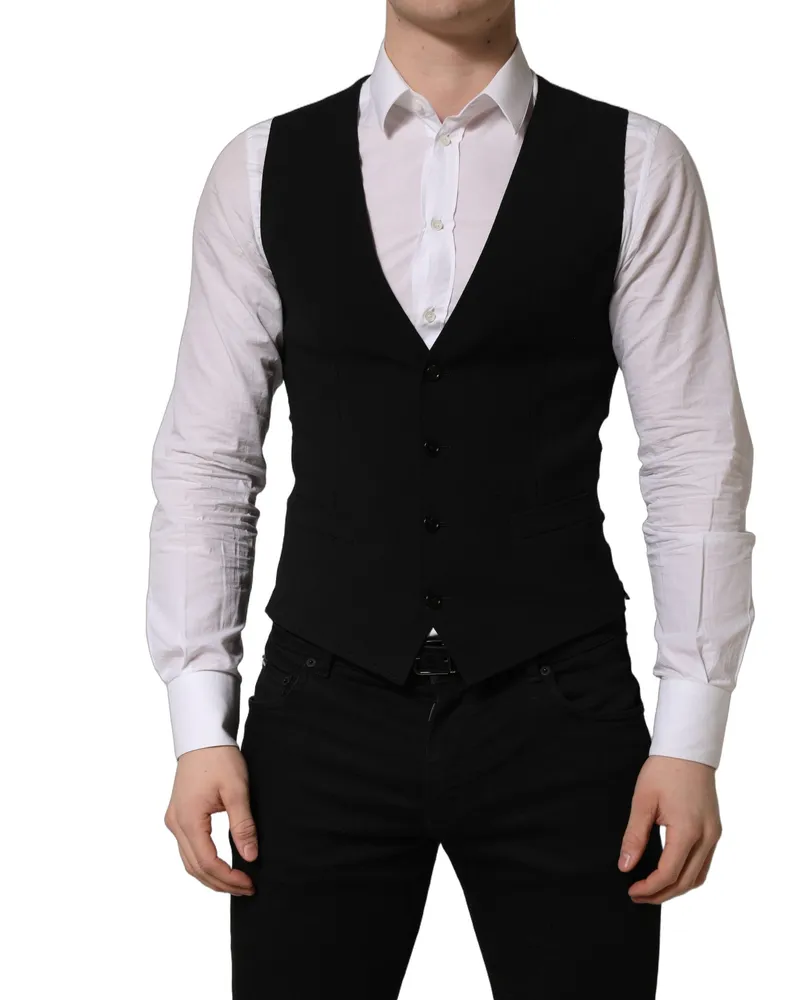 Dolce & Gabbana Men Black Wool Single Breasted Waistcoat Vest Virgin Clothing Black