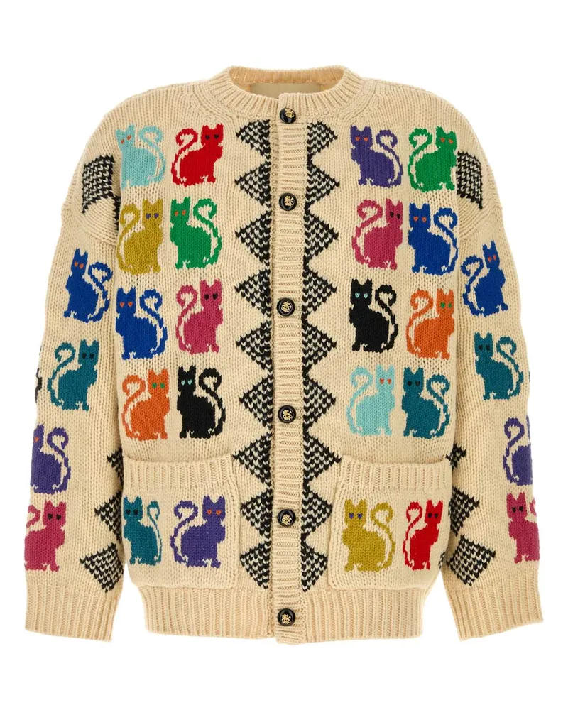 Valentino Garavani Men's Intarsia-Knit Cat And Houndstooth Cardigan Beige Virgin Wool Beige