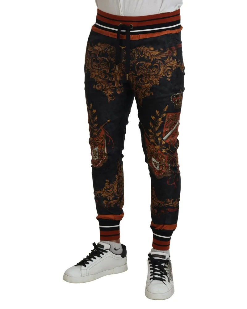 Dolce & Gabbana Men Gray Silk Baroque Crown Trousers Sport Pants Black