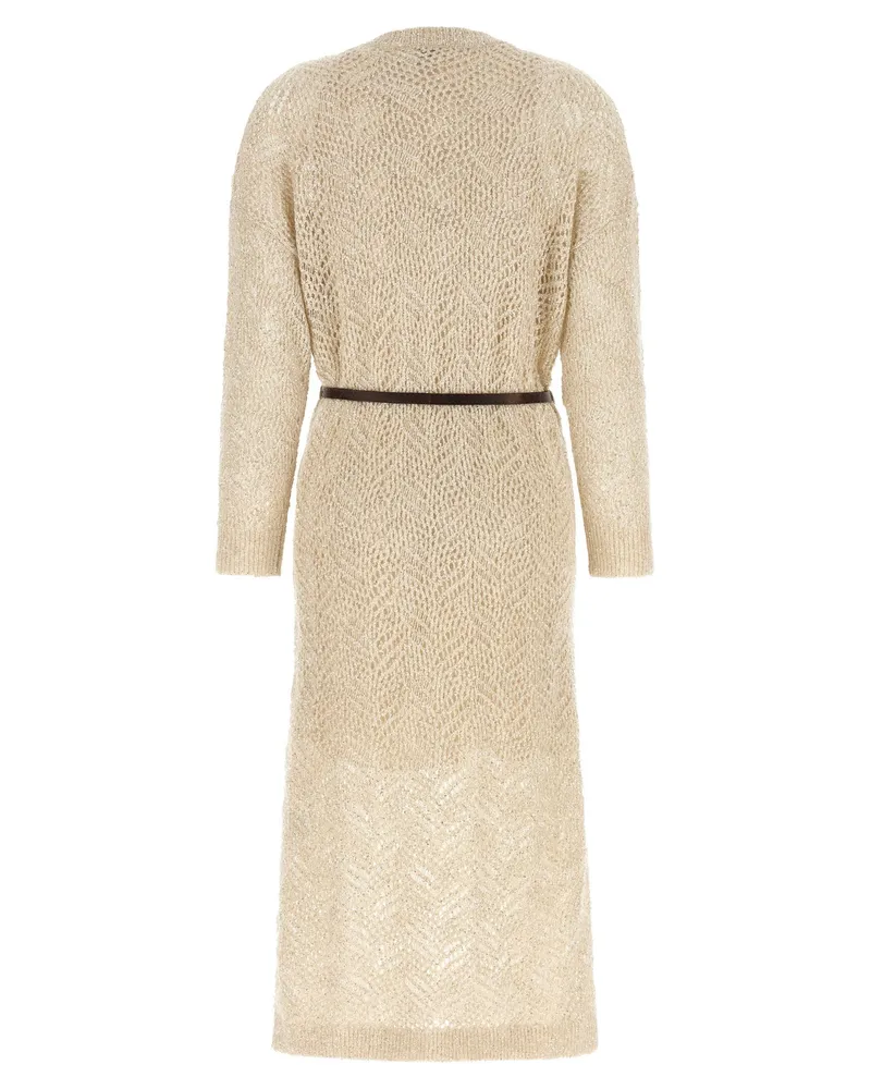 Brunello Cucinelli Perforated Sequin Knit Dress — Cream Cream