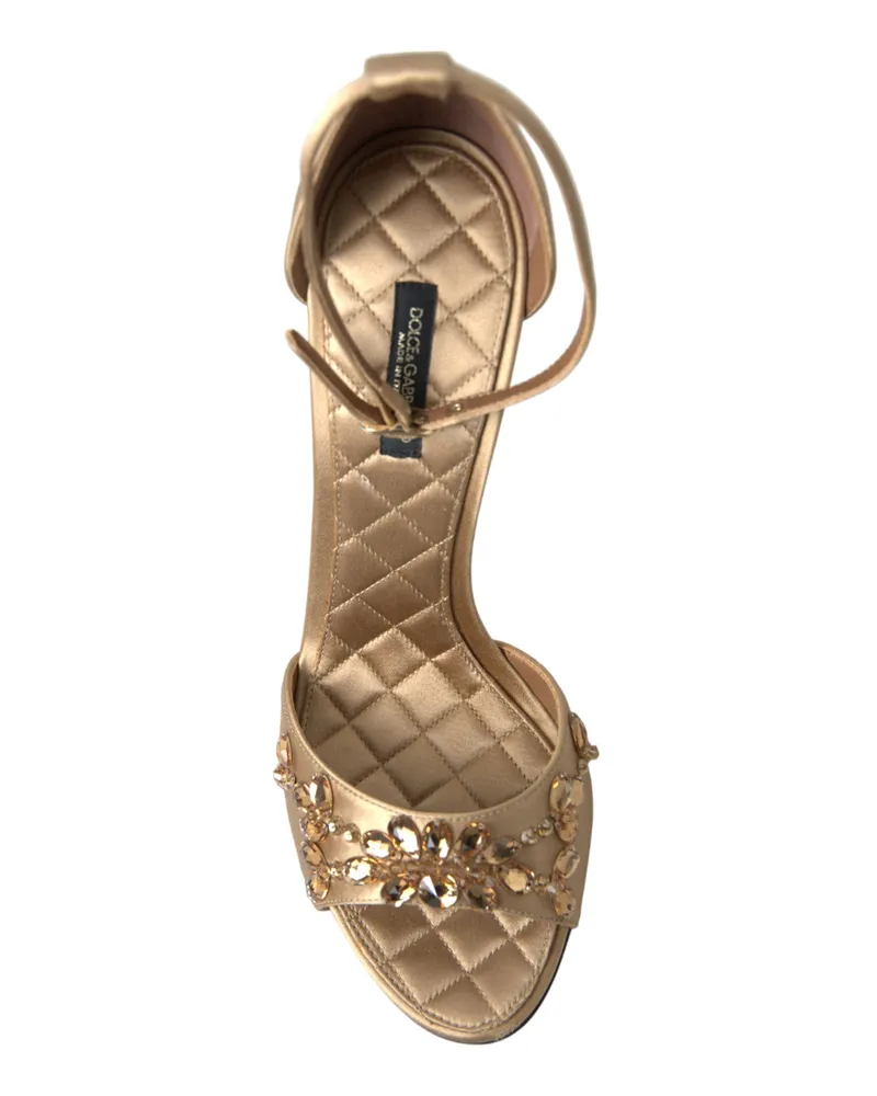 Dolce & Gabbana Women's Gold Satin Ankle Strap Crystal Sandals Shoes Silk Gold