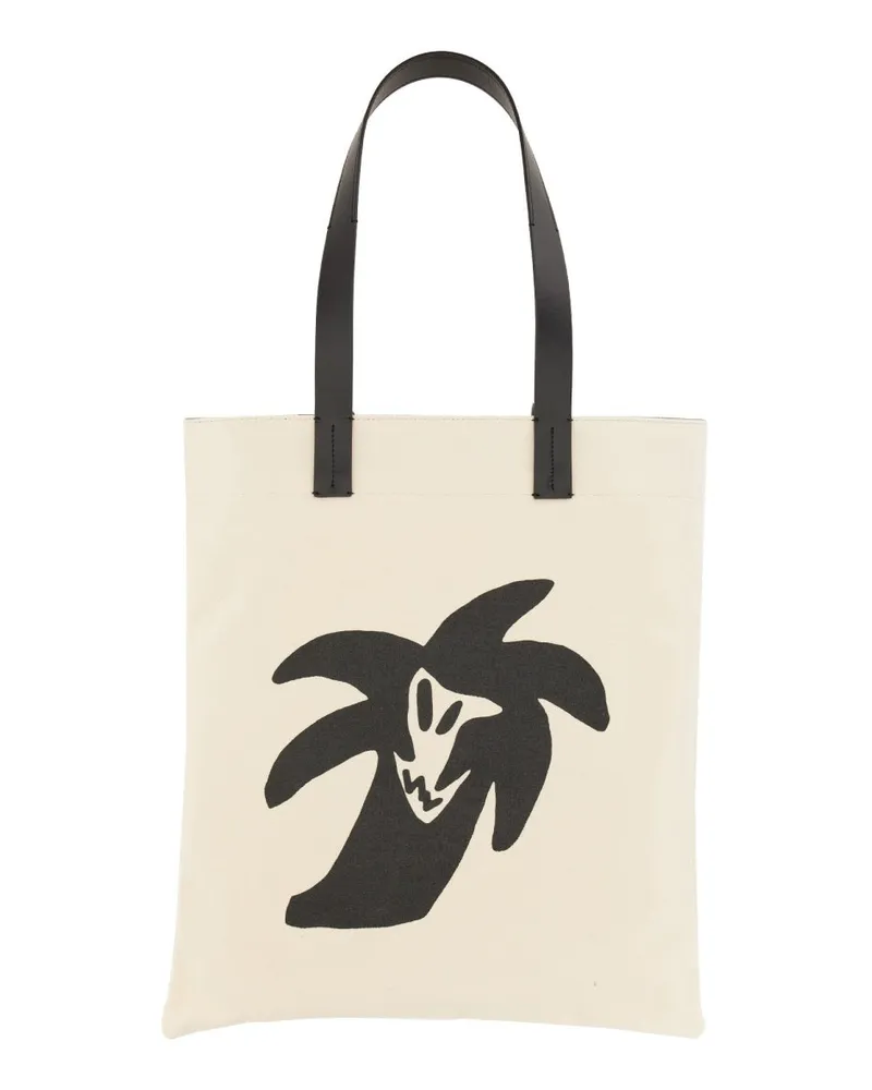 Palm Angels Men's Cotton Canvas Shopping Bag White Shoulder White