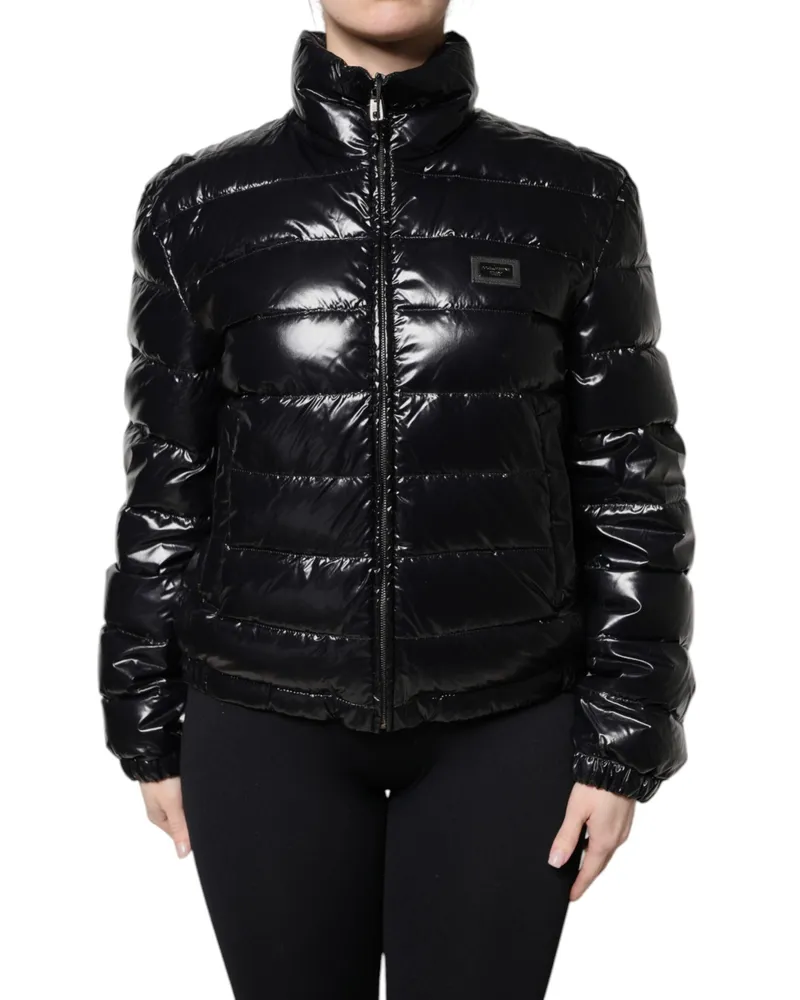 Dolce & Gabbana Women's Black Logo Plaque Full Zip Puffer Jacket Nylon Polyurethane Clothing Black
