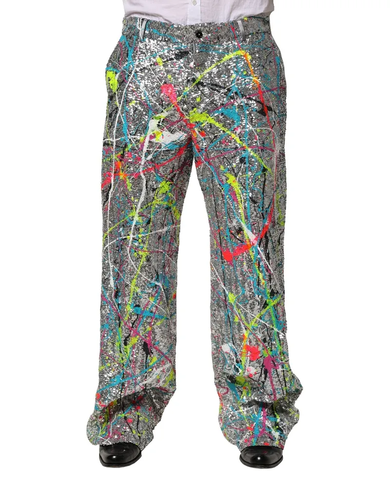Dolce & Gabbana Men's Multicolor Sequined Embellished Pants Nylon Silk Elastane Multicolor