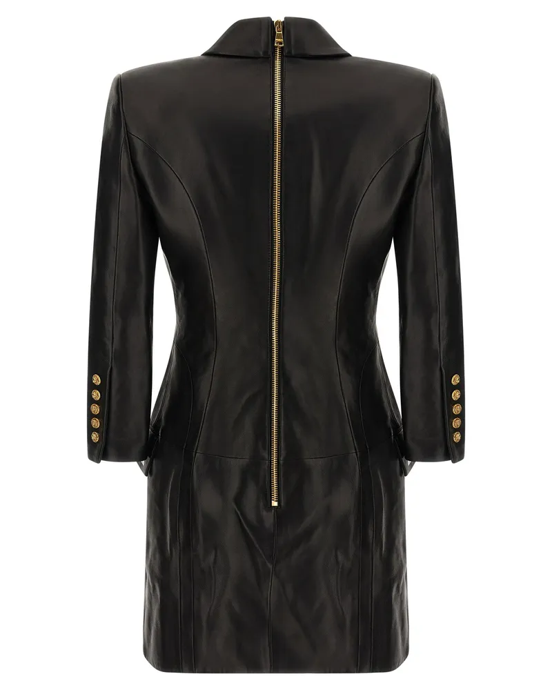 Balmain Leather Double-Breasted Blazer Dress — Black Black