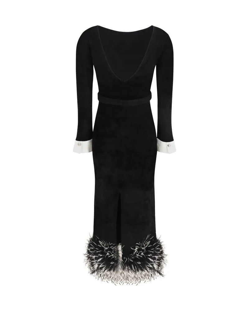 Self-Portrait Feather-Trimmed Chenille Dress — Black Black