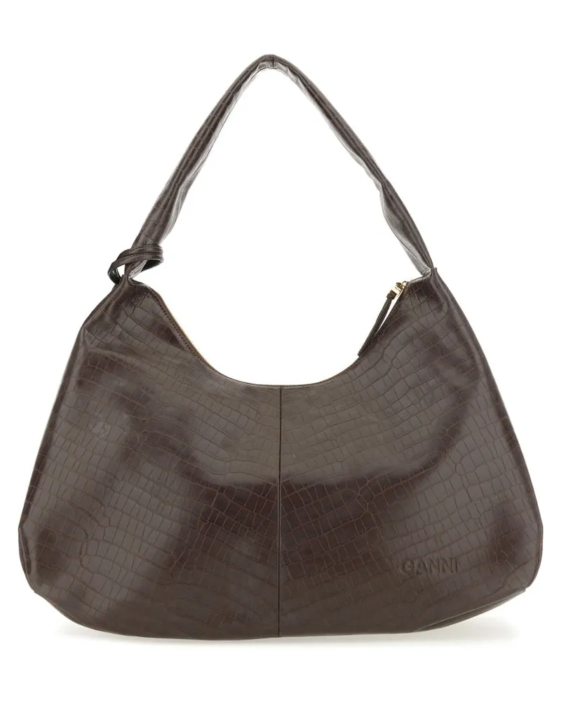 Ganni Crocodile-Textured Hobo Bag — Brown Brown