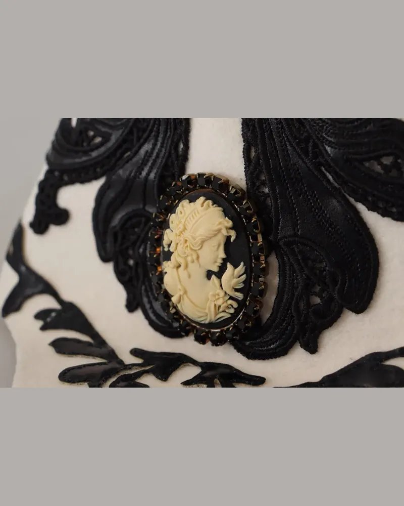 Dolce & Gabbana Women's White Black Wool Embroidered Cameo Brooch Hat White