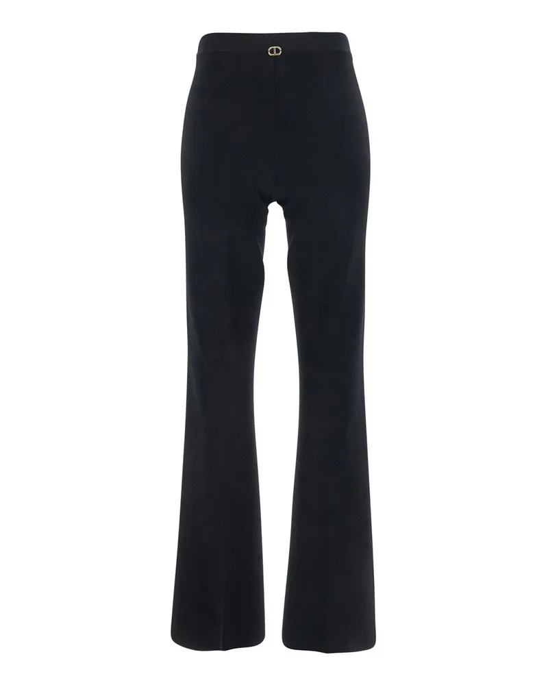 Twin-Set Women Black Flared Pants With Logo Plaque Viscose Trousers Black