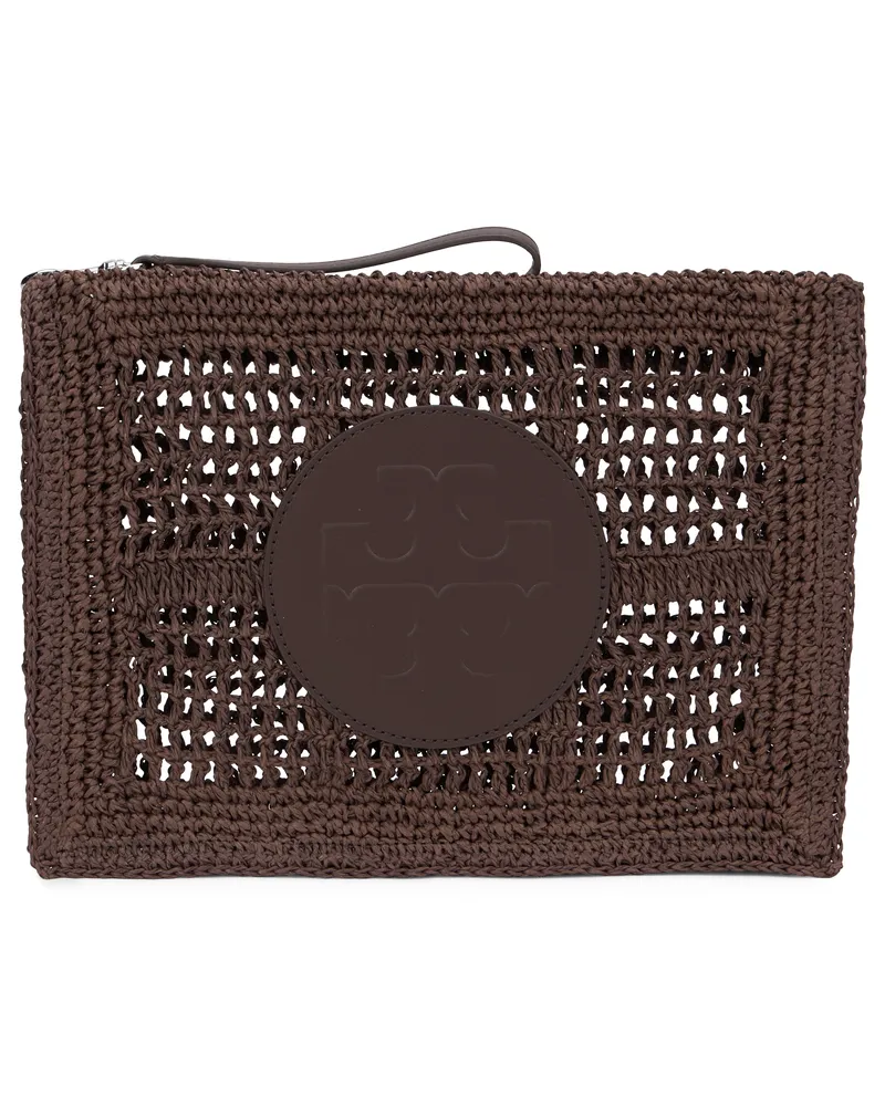 Tory Burch Women's Purse Ella Crochet Dark Cocoa Straw Clutch Bags Brown