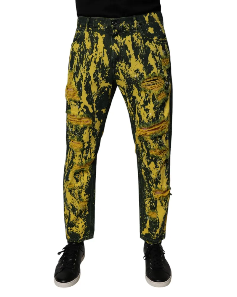 Dolce & Gabbana Black Yellow Tie Dye Tattered Skinny Men Denim Jeans Cotton Clothing Yellow