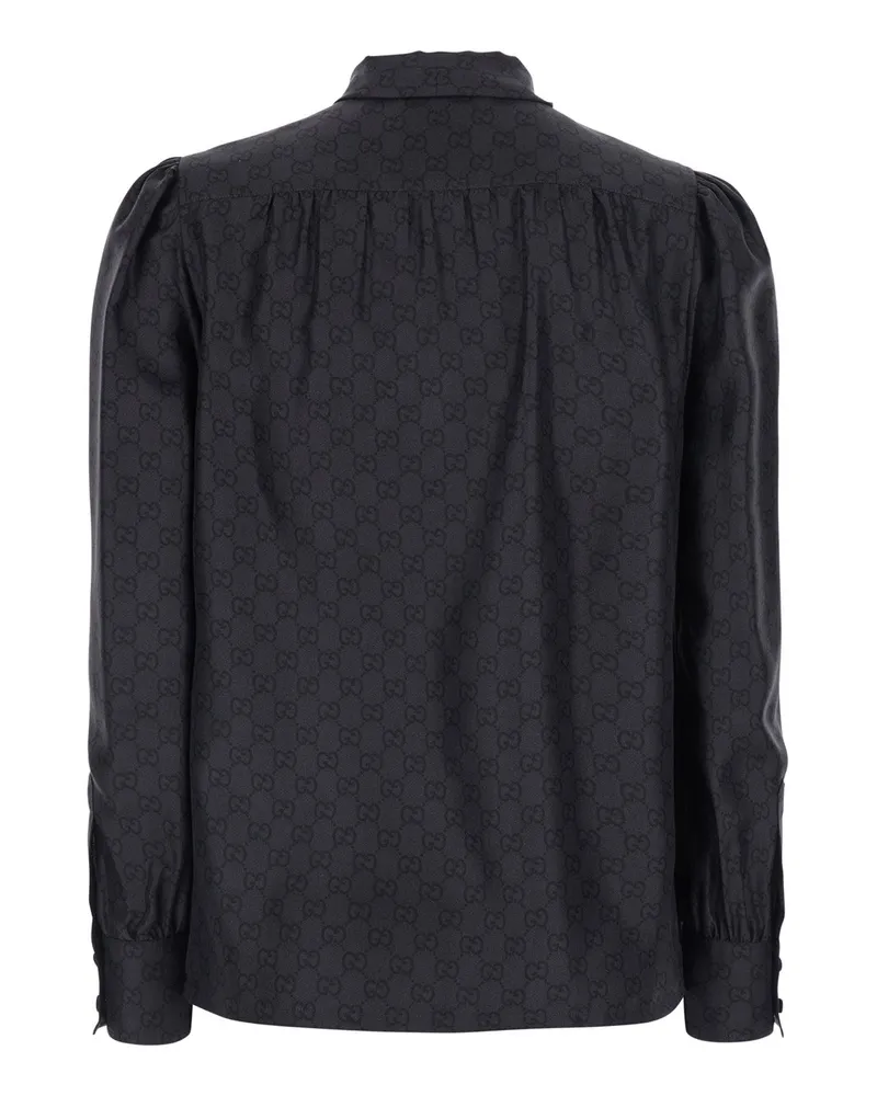 Gucci Women's Silk Shirt With Knot Bow And Gg Print Black Blouses Black