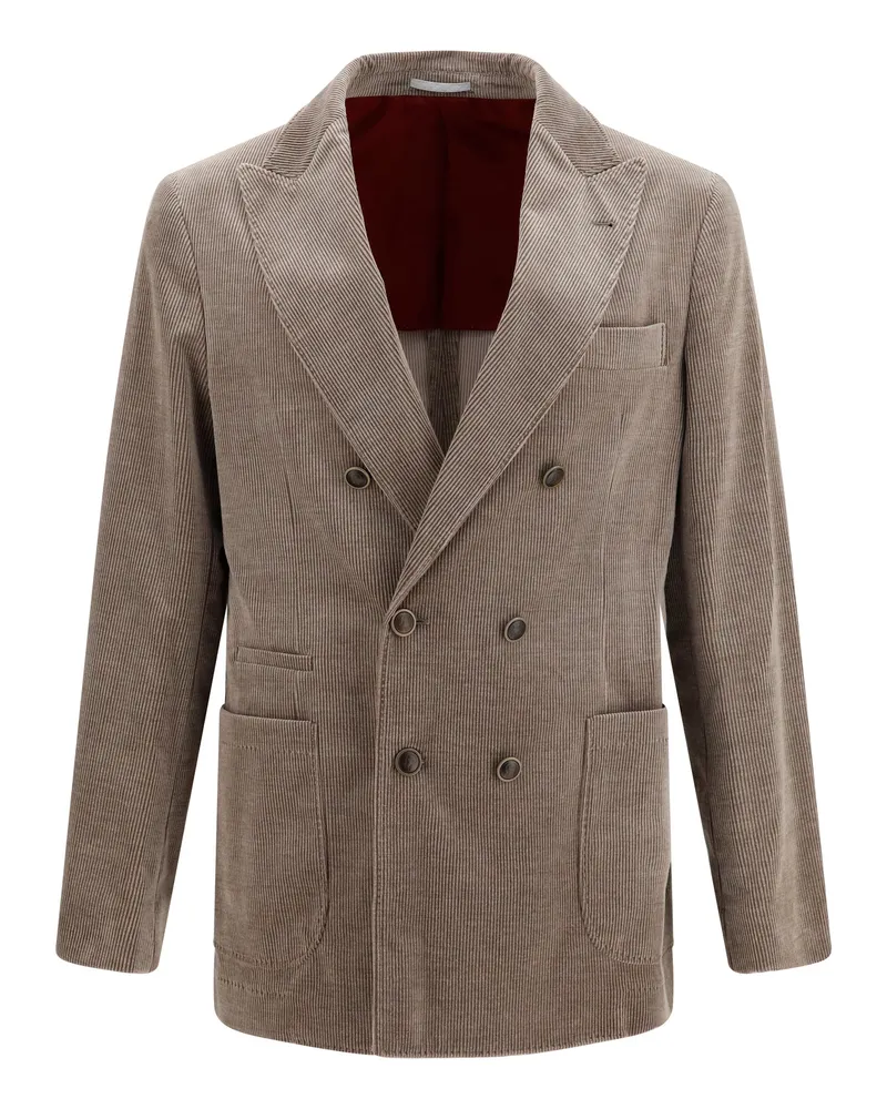 Brunello Cucinelli Men's Jacket Double-Breasted Corduroy Granite Cotton Gray