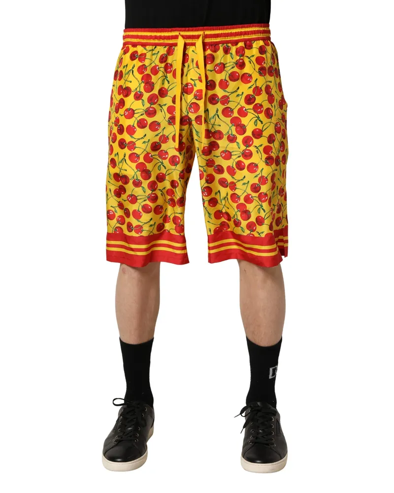 Dolce & Gabbana Men's Yellow Red Cherry Print Silk Bermuda Shorts Yellow