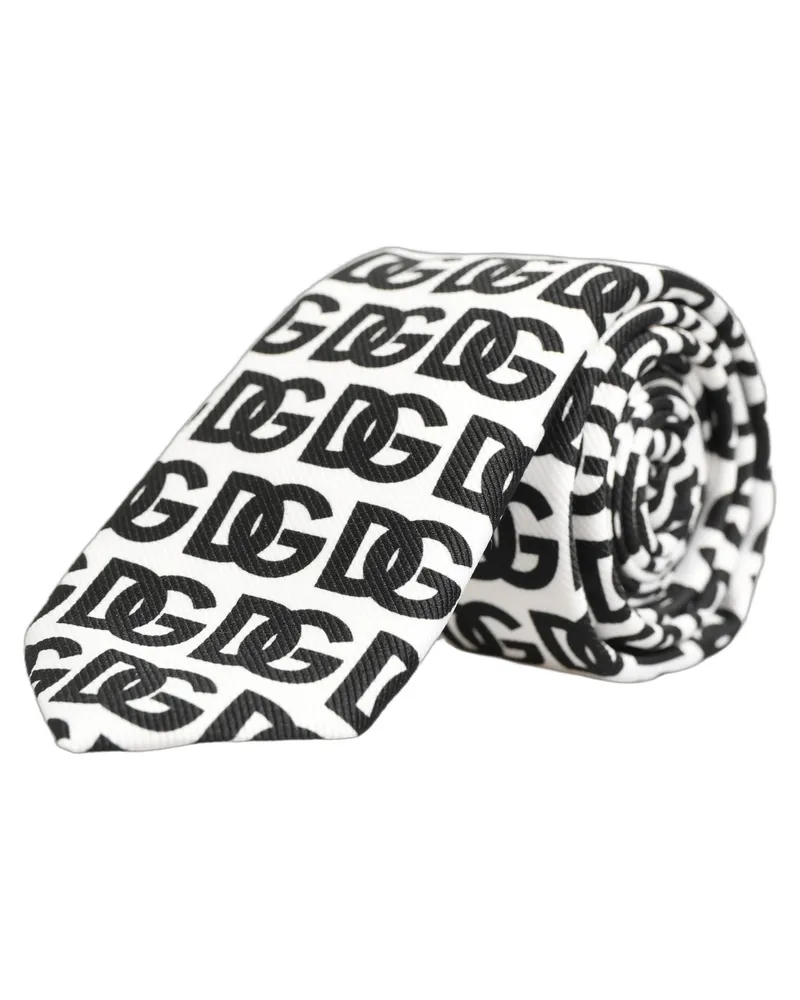 Dolce & Gabbana White Black Logo Monogram Wide Adjustable Men Necktie Tie Polyester White