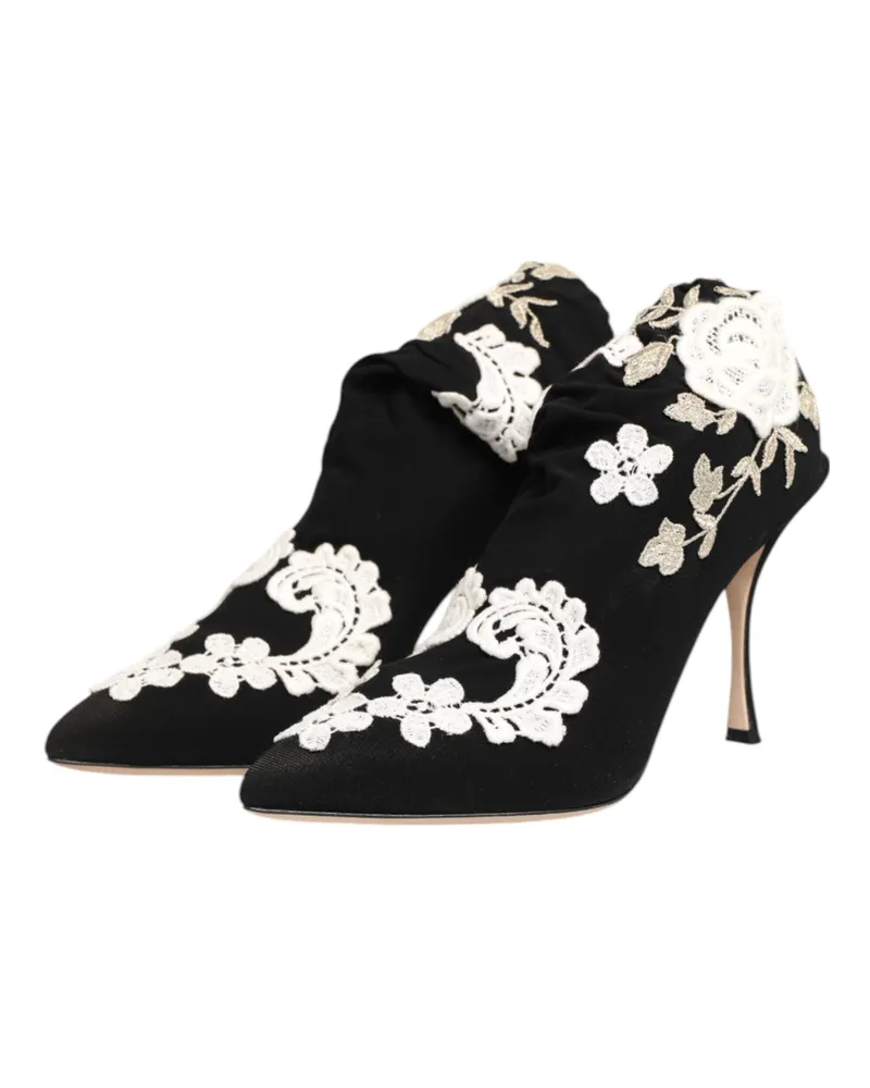Dolce & Gabbana Women's Black White Embroidered Jersey Stiletto Boots Shoes Black-White Viscose Elastane Black/white Black