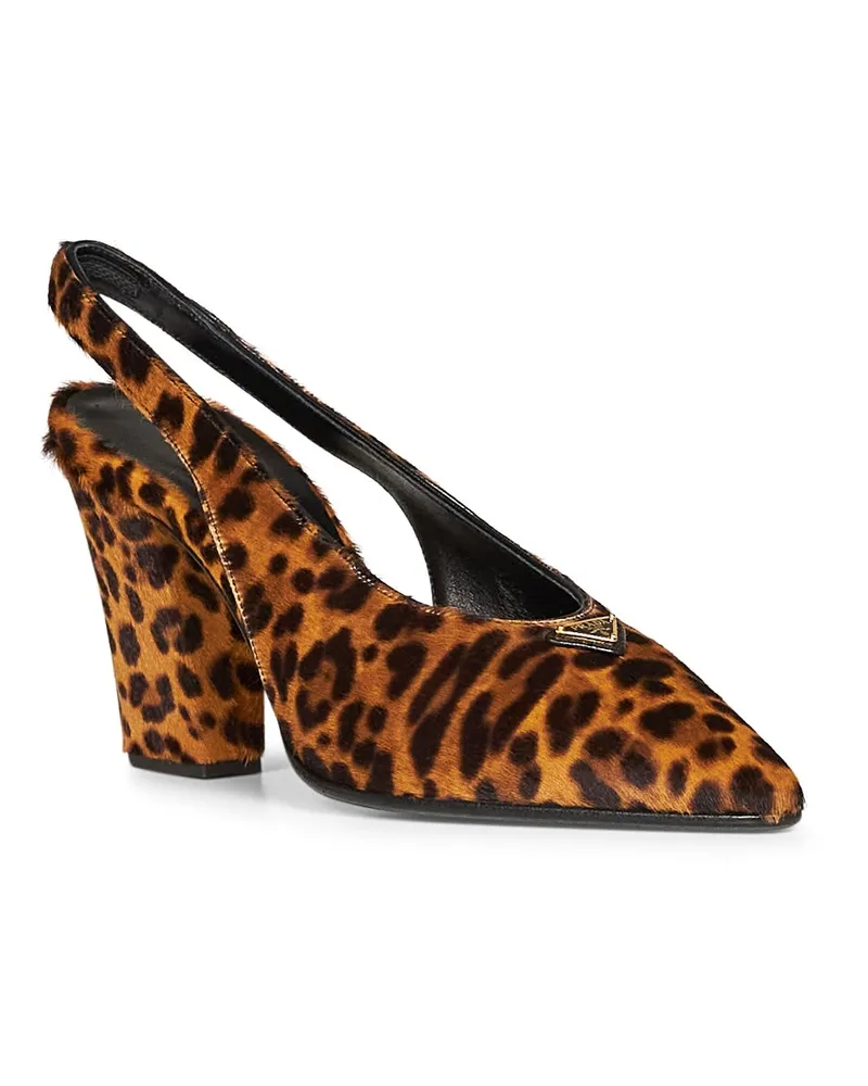 Prada Women's Slingback Pumps Honey Leopard Calf Hair Multicolour Leather High Heel Shoes Brown