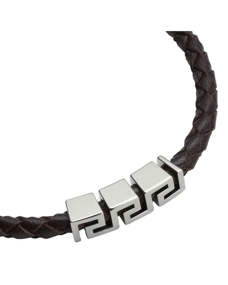 Versace Men's Bracelet With Metal Plate, Metallic Leather Calf Bracelets Black