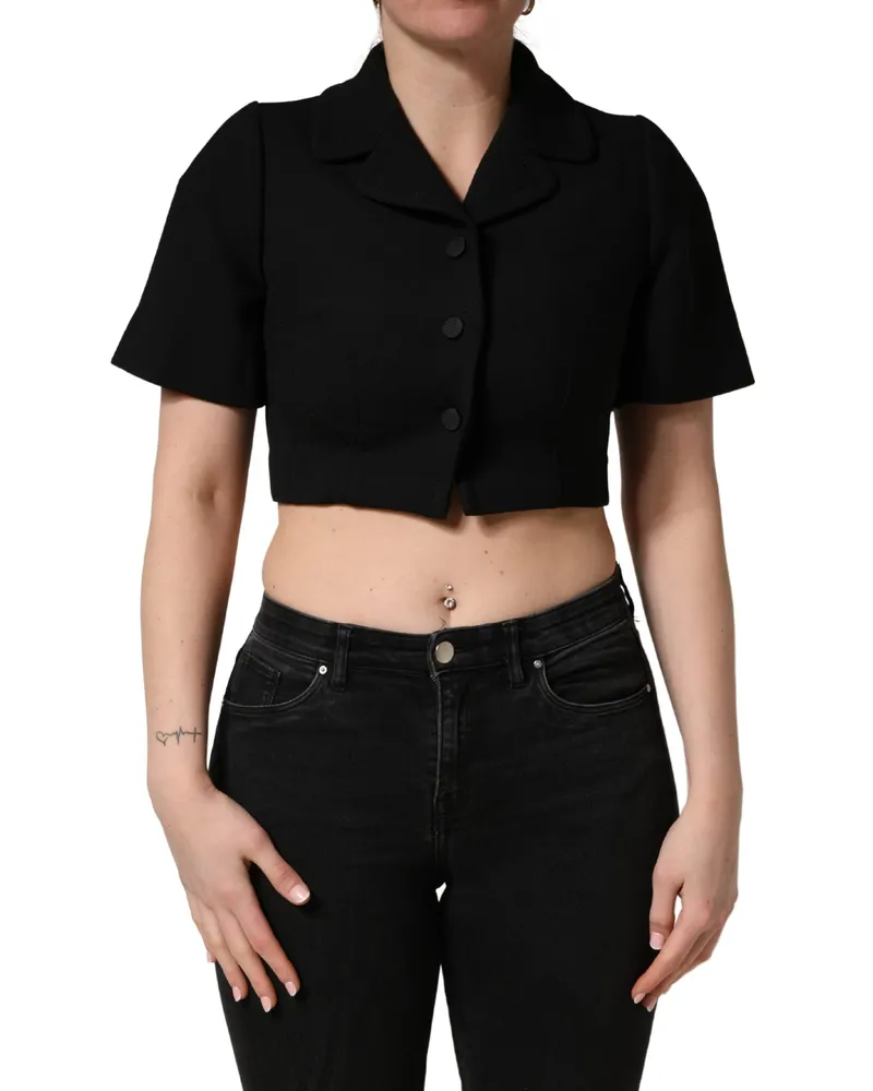 Dolce & Gabbana Cropped Collared Virgin Wool Blouse — Black Black