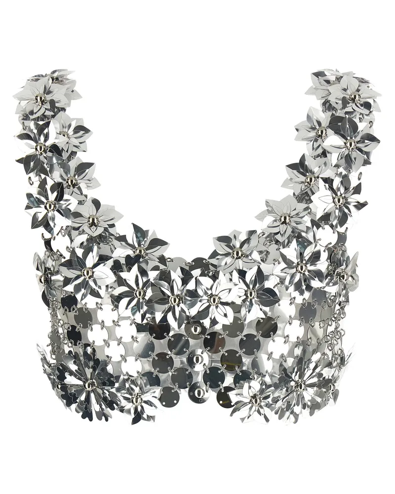 Paco Rabanne 3D Floral Metal Disc Bralette Top — Silver Silver