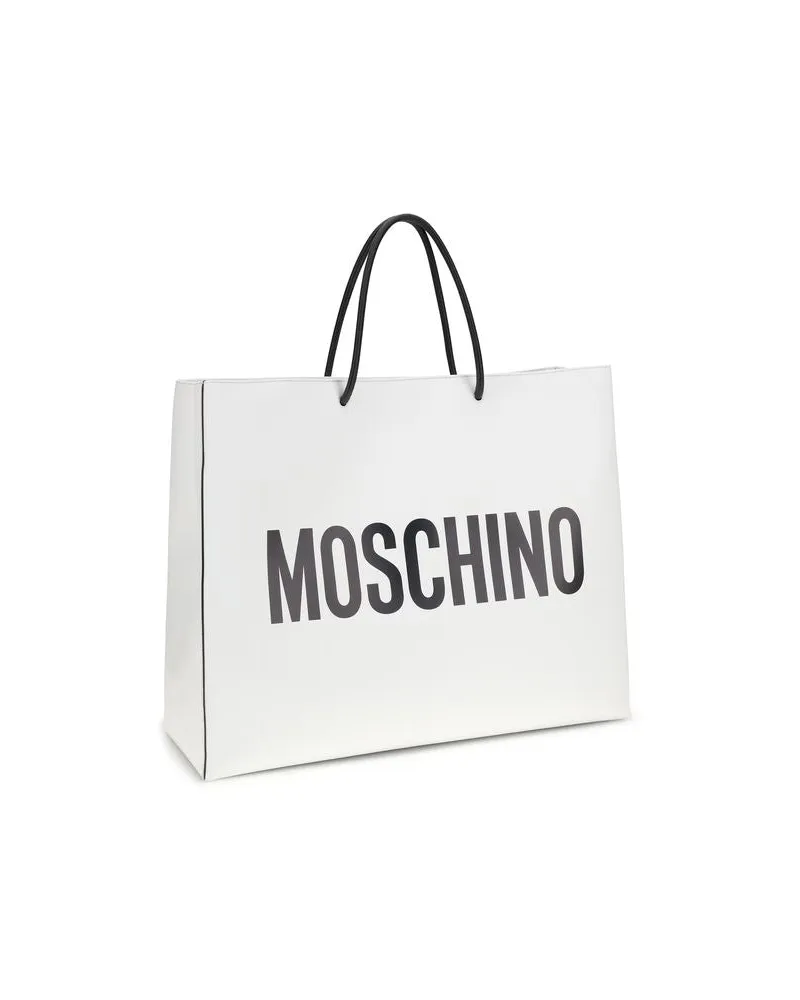 Moschino Women's Calf Leather Logo Shopper Shoulder Bag White Bos White