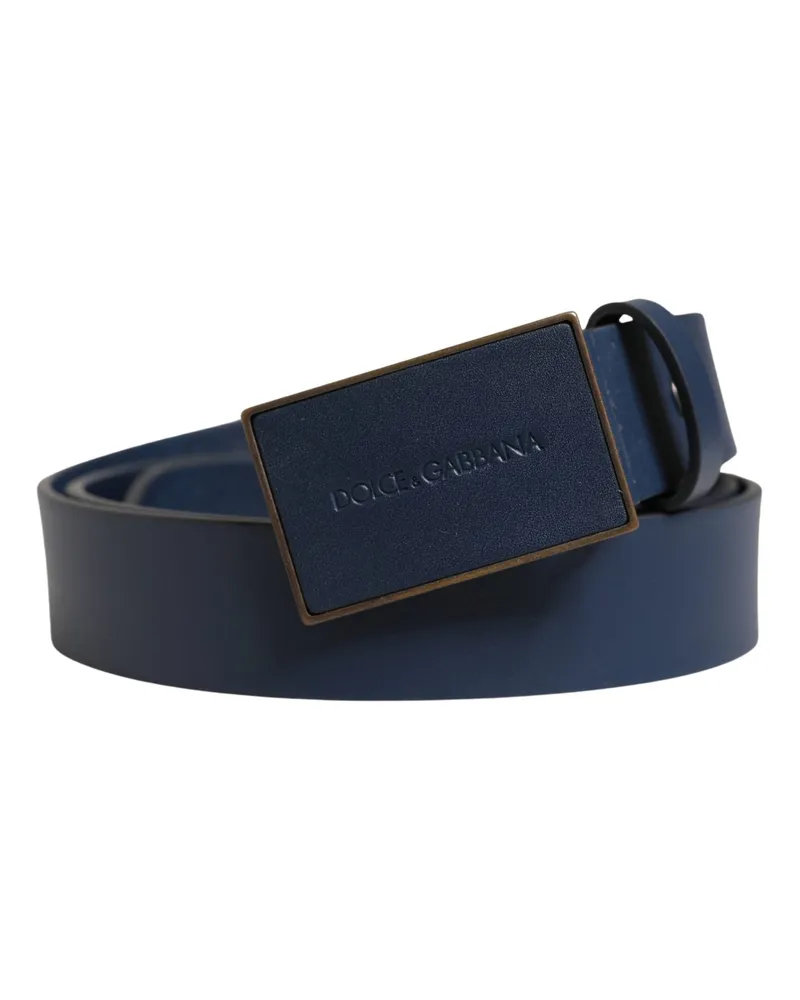 Dolce & Gabbana Men Blue Calf Leather Logo Metal Buckle Belt Blue