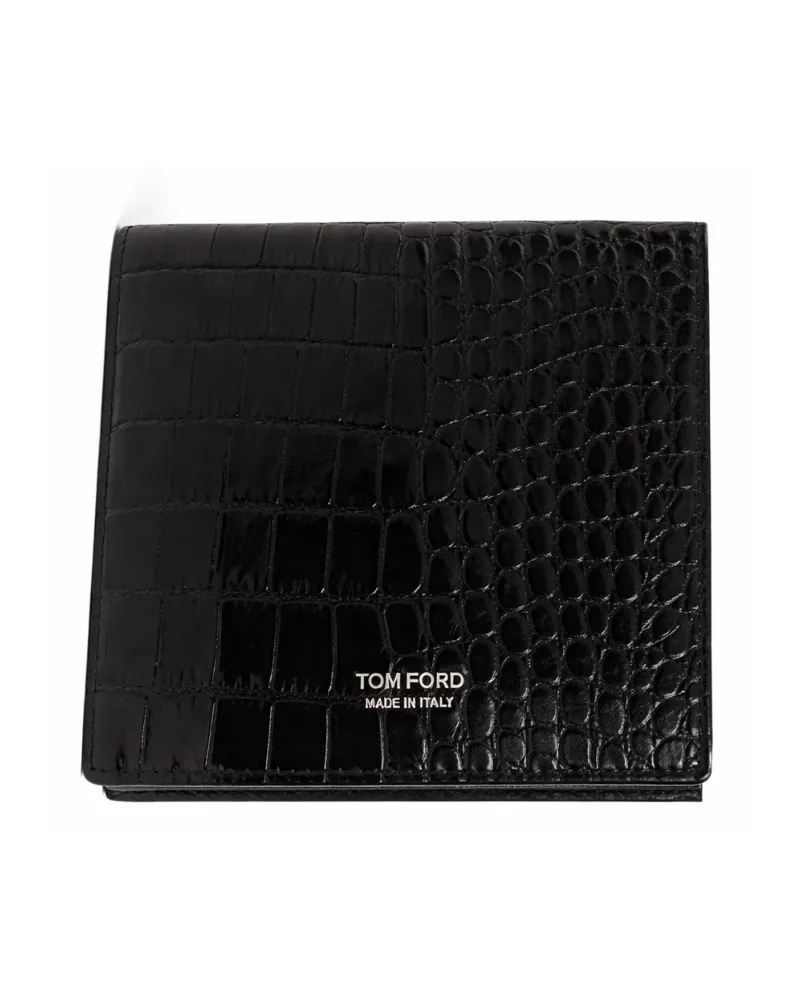 Tom Ford Men's Bifold Wallet Crocodile-Embossed Black Calfskin & Cardholders Black
