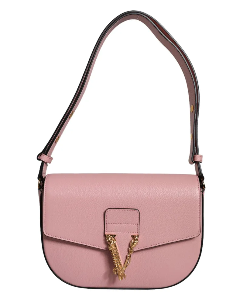 Versace Women's Pink Grainy Calf Leather Logo Crossbody Shoulder Bag Pink