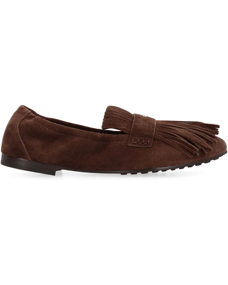 Tory Burch Women's Fringed Ballet Flats Mustang Leather Loafers Brown