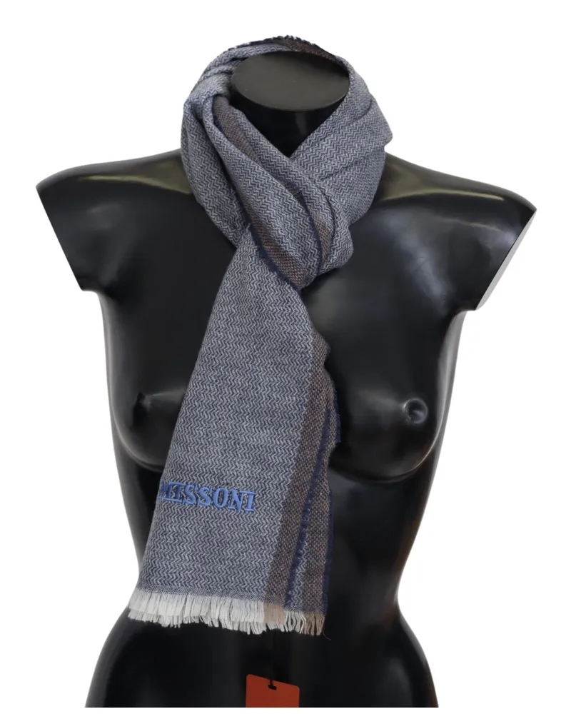 Missoni Men's Gray Striped Wool Unisex Neck Wrap Fringes Scarf Gray