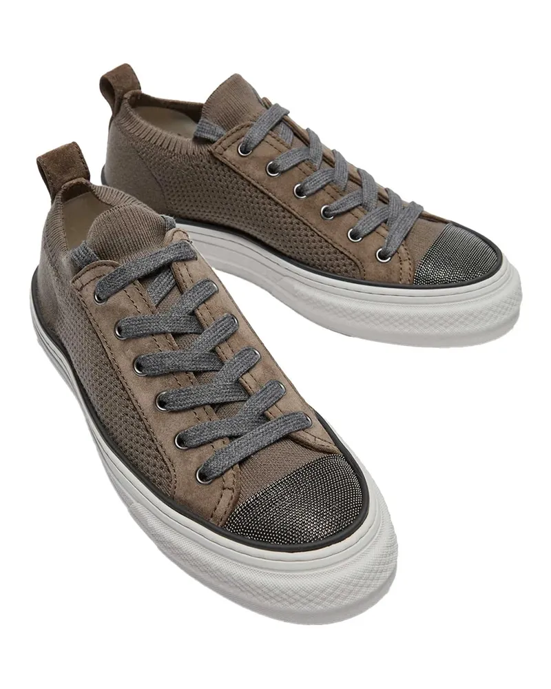 Brunello Cucinelli Cotton Knit and Suede Sneakers — Brown Brown