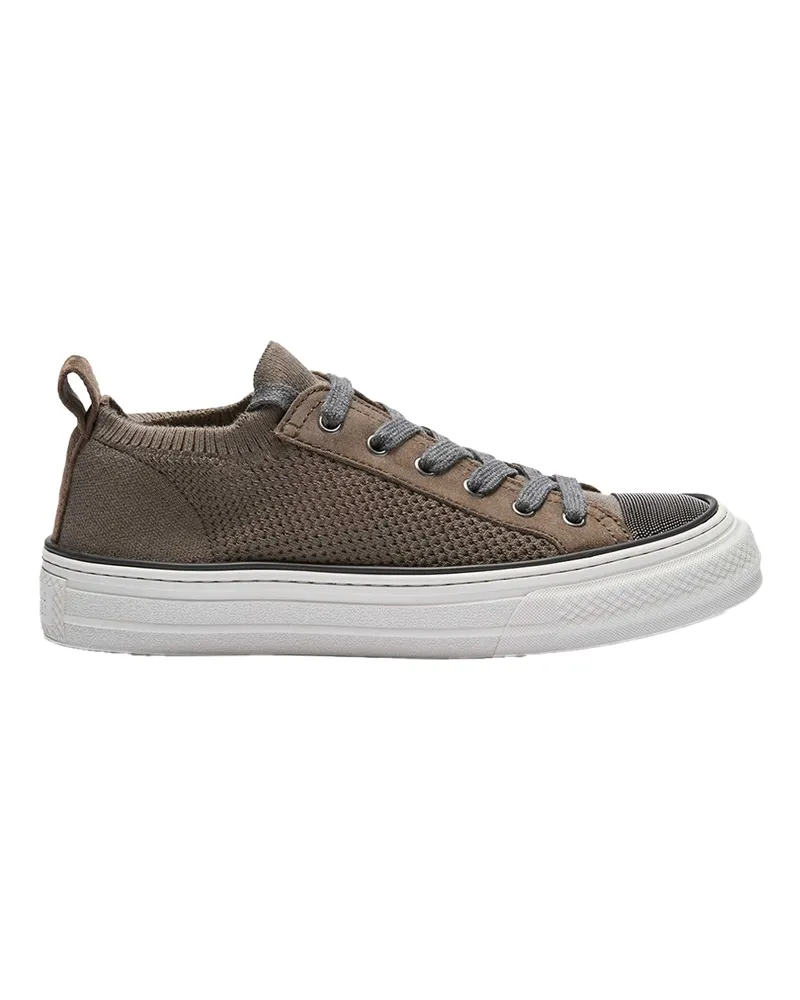 Brunello Cucinelli Cotton Knit and Suede Sneakers — Brown Brown