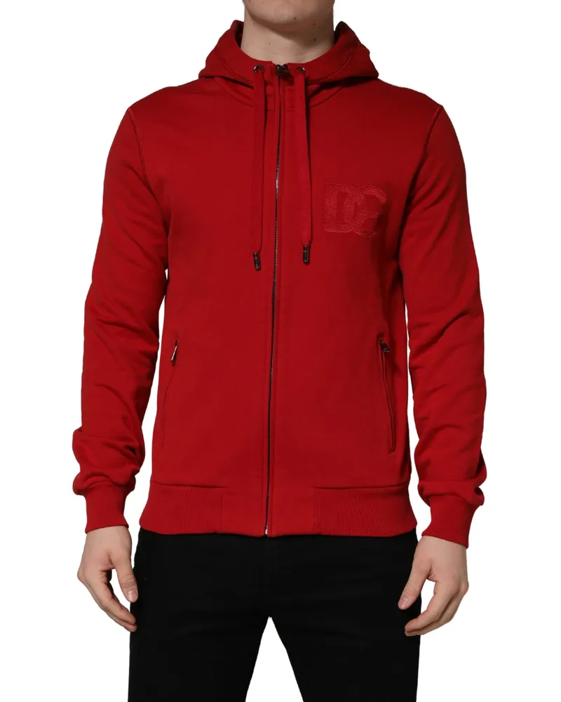 Dolce & Gabbana Men's Red Embroidered Logo Hooded Full Zip Sweater Cotton Clothing Red