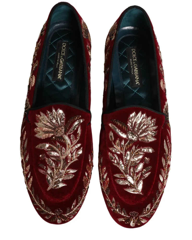 Dolce & Gabbana Men's Red Velvet Floral Embroidery Loafers Shoes Leather Red