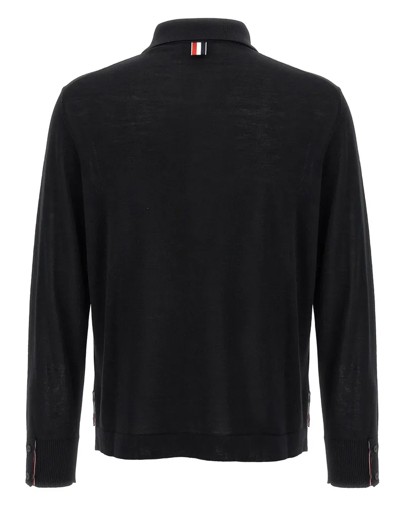 Thom Browne Wool Button-Down with Shirt Collar Cardigan — Black Black