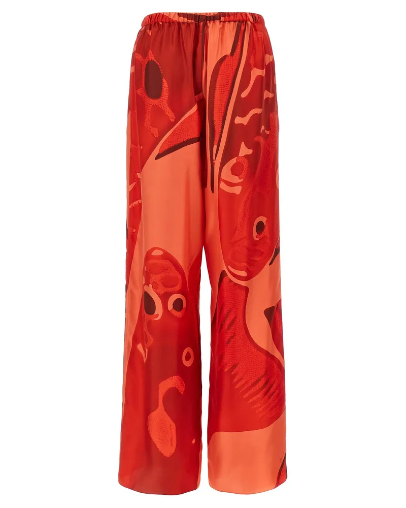 Ferragamo Abstract Print Silk Trousers — Red Red