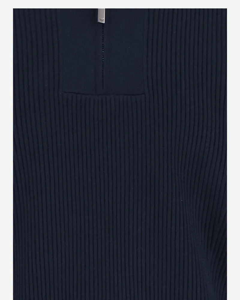 Emporio Armani Ribbed Virgin Wool and Cotton Sweater — Navy Navy