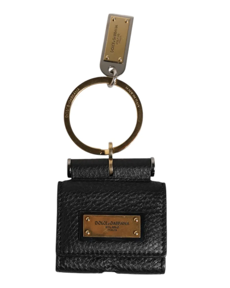 Dolce & Gabbana Men's Black Leather Strap Gold Metal Logo Plaque Airpods Case Accessory Black