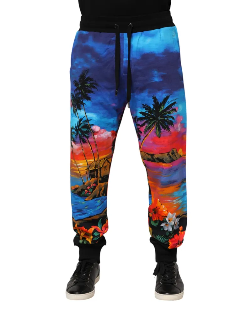 Dolce & Gabbana Men's Blue Hawaiian Print Jogger Sweatpants Pants Cotton Blue