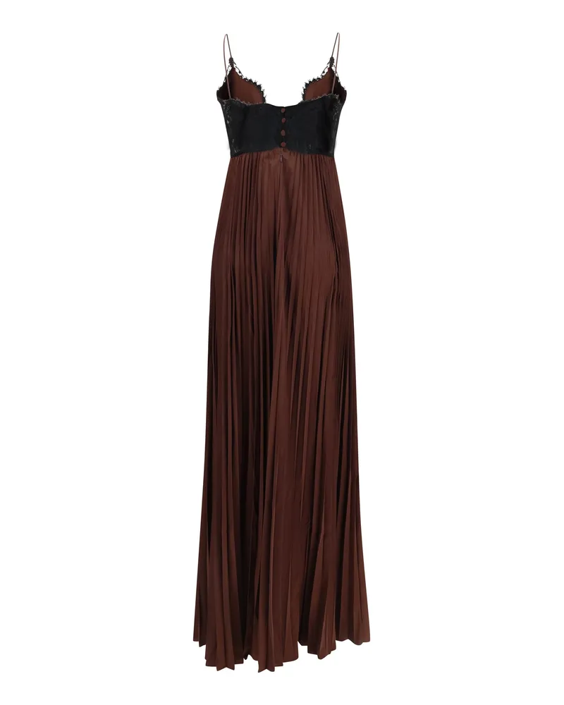 Self-Portrait Women's Satin Long Dress With Lace Inserts Brown Polyester; Elastane Brown